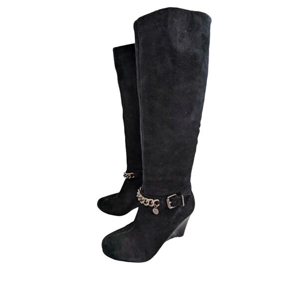 BCBGENERATION! MERRY BLACK SUEDE LEATHER WEDGE HEELS CHAINED BOOTS! SZ 7.5B - Picture 3 of 11